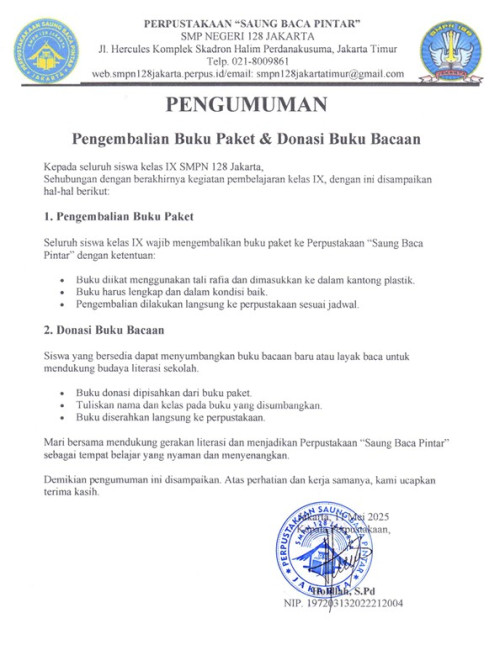 JADWAL PENGEMBALIAN BUKU PAKET KELAS IX TAHUN PELAJARAN 2024/2025